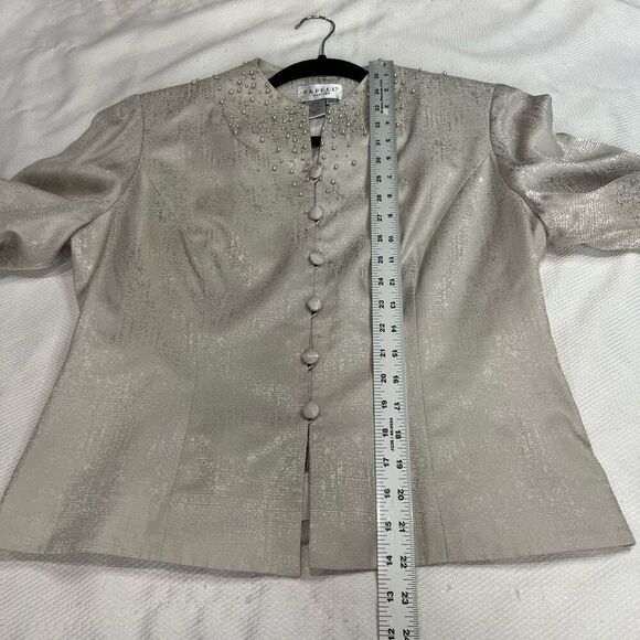 Papell Silver Pearl Studded Blazer Skirt 2 Piece Set Women’s 100% Silk Career - Picture 4 of 12